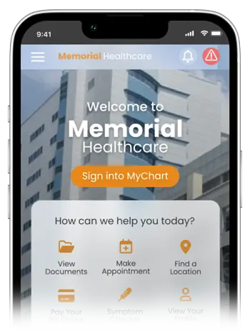 A cell phone with a memorial healthcare app on the screen.