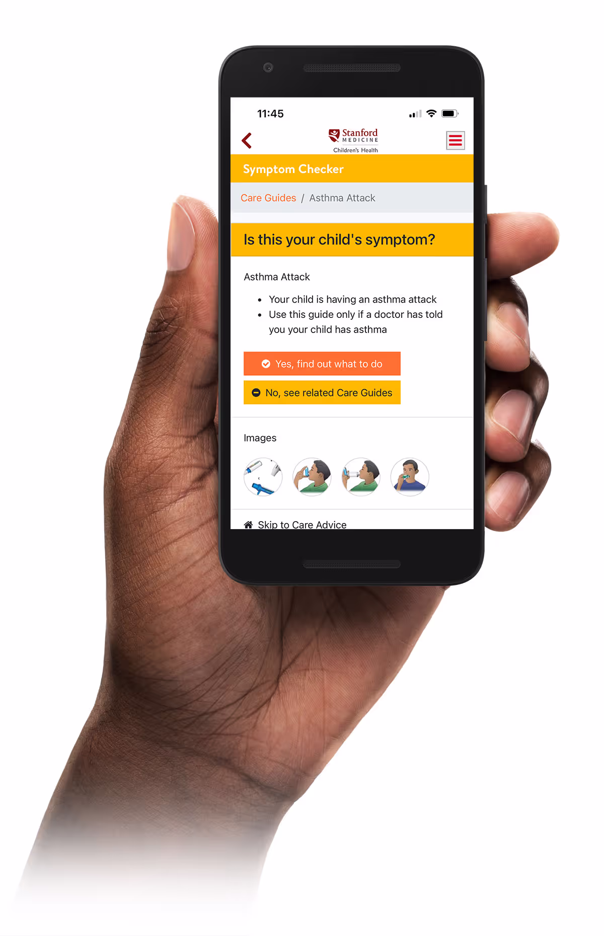 A person holding a cell phone with a symptom checker app on it.