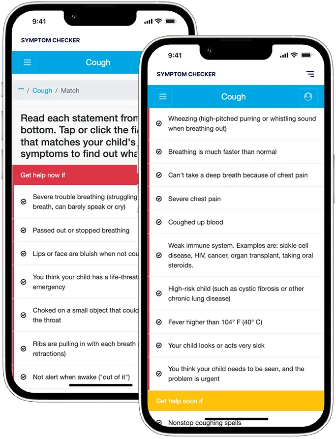 A phone screen with a list of symptoms and a red button that says "Read".