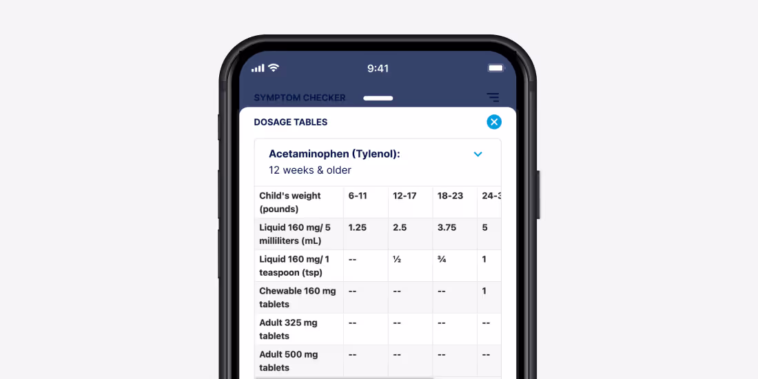 A smartphone screen shows a table of medication for a child.